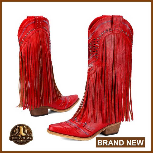 Shoes - PU Leather Western Knee-High Boots with Chunky Heel and Pointed Toe